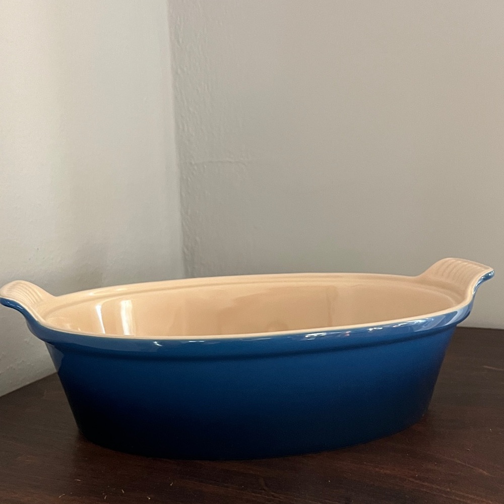Le Creuset Blue and Cream Oval Baking Dish